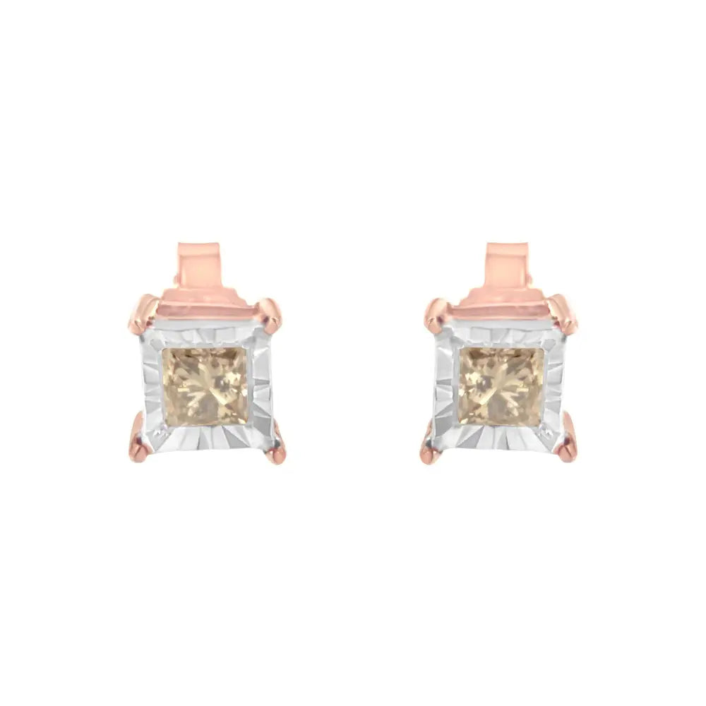 14k Rose Gold Plated Two-tone.925 Sterling Silver 1/2 Cttw Princess-cut Square Diamond Solitaire Miracle-plate Stud