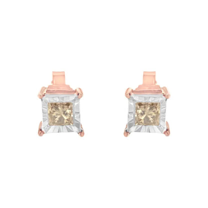 14k Rose Gold Plated Two-tone.925 Sterling Silver 1/2 Cttw Princess-cut Square Diamond Solitaire Miracle-plate Stud