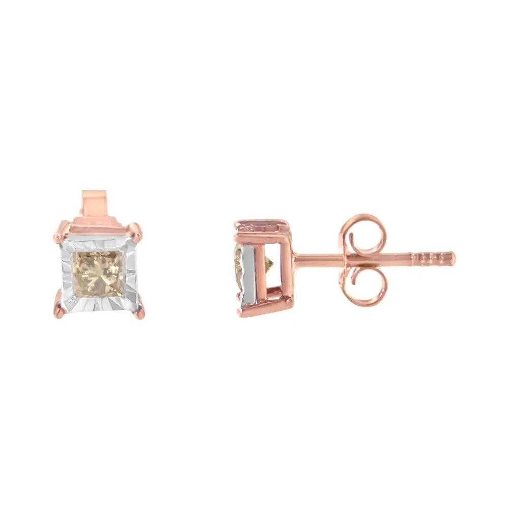 14k Rose Gold Plated Two-tone.925 Sterling Silver 1/2 Cttw Princess-cut Square Diamond Solitaire Miracle-plate Stud