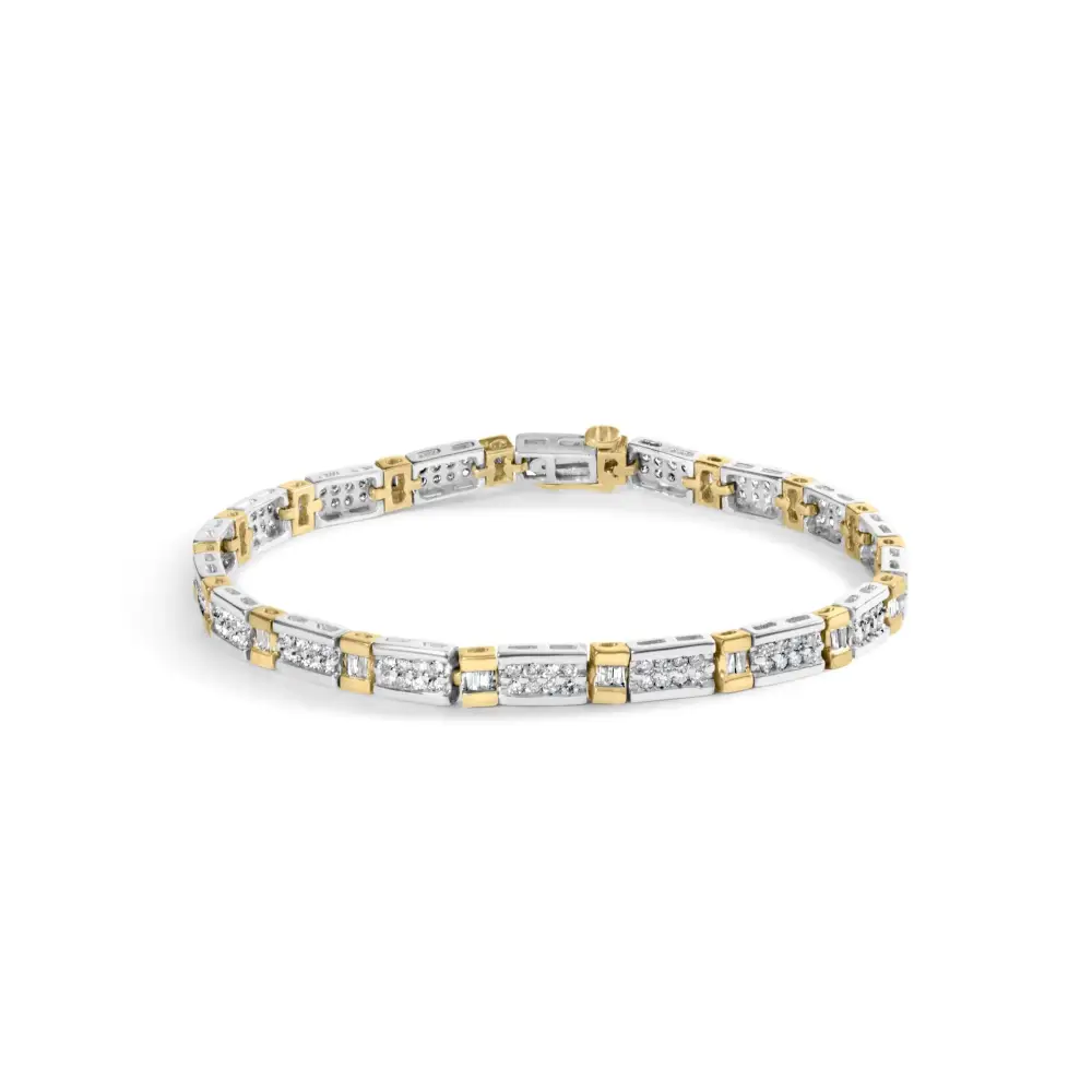 14k Two-tone 2.00 Cttw Round-cut and Baguette-cut Diamond Bar Link 7’’ Bracelet (i-j Color Si2-i1 Clarity) - Fine