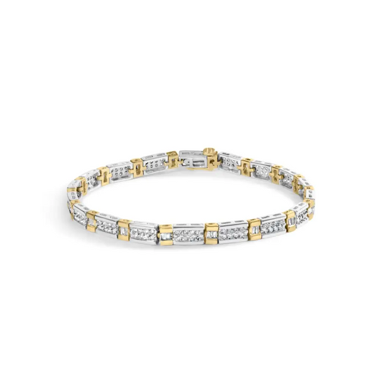 14k Two-tone 2.00 Cttw Round-cut and Baguette-cut Diamond Bar Link 7’’ Bracelet (i-j Color Si2-i1 Clarity) - Fine