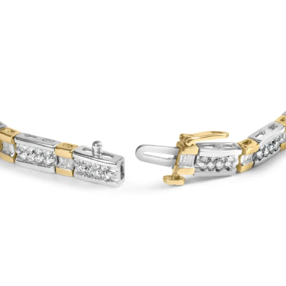 14k Two-tone 2.00 Cttw Round-cut and Baguette-cut Diamond Bar Link 7’’ Bracelet (i-j Color Si2-i1 Clarity) - Fine