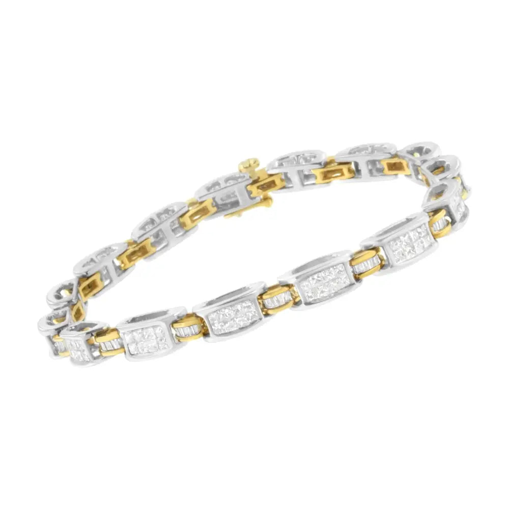 14k Two-tone Gold Princess and Baguette-cut Diamond Link Bracelet (3.00 Cttw H-i Color Si1-si2 Clarity) - Fine Jewelry