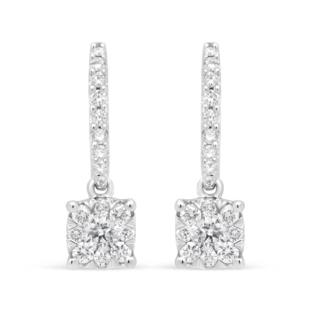 14k White 1/2 Cttw Round Diamond Halo Dangle Hook Earring - (h-i Color Si2-i1 Clarity) - Fine Jewelry us Direct