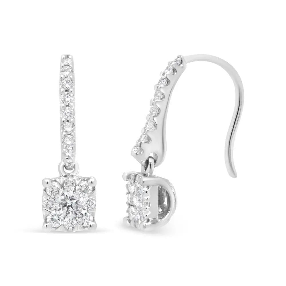 14k White 1/2 Cttw Round Diamond Halo Dangle Hook Earring - (h-i Color Si2-i1 Clarity) - Fine Jewelry us Direct