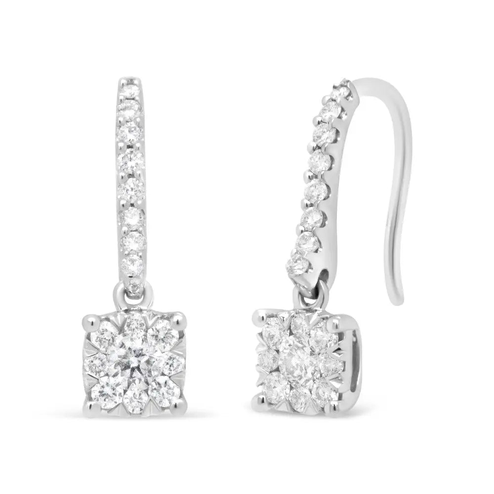 14k White 1/2 Cttw Round Diamond Halo Dangle Hook Earring - (h-i Color Si2-i1 Clarity) - Fine Jewelry us Direct