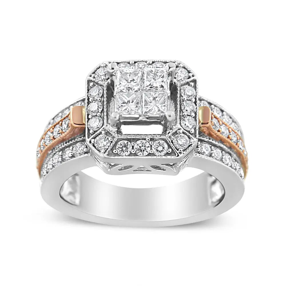 14k White and Rose Gold 1 1/8 Cttw Princess Round-cut Diamond Art Deco Style Triple Shank Halo Cocktail Ring (i-j Color