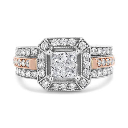 14k White and Rose Gold 1 1/8 Cttw Princess Round-cut Diamond Art Deco Style Triple Shank Halo Cocktail Ring (i-j Color