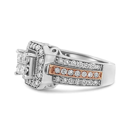 14k White and Rose Gold 1 1/8 Cttw Princess Round-cut Diamond Art Deco Style Triple Shank Halo Cocktail Ring (i-j Color