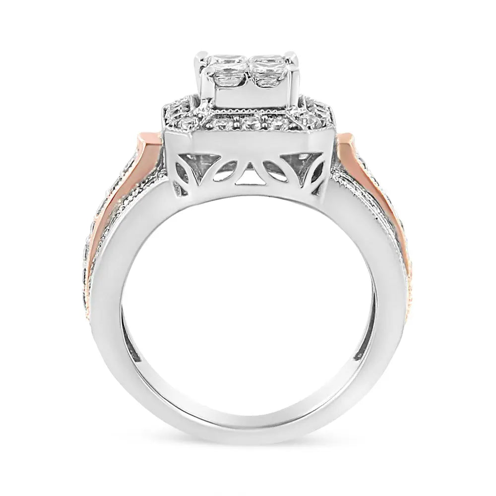 14k White and Rose Gold 1 1/8 Cttw Princess Round-cut Diamond Art Deco Style Triple Shank Halo Cocktail Ring (i-j Color