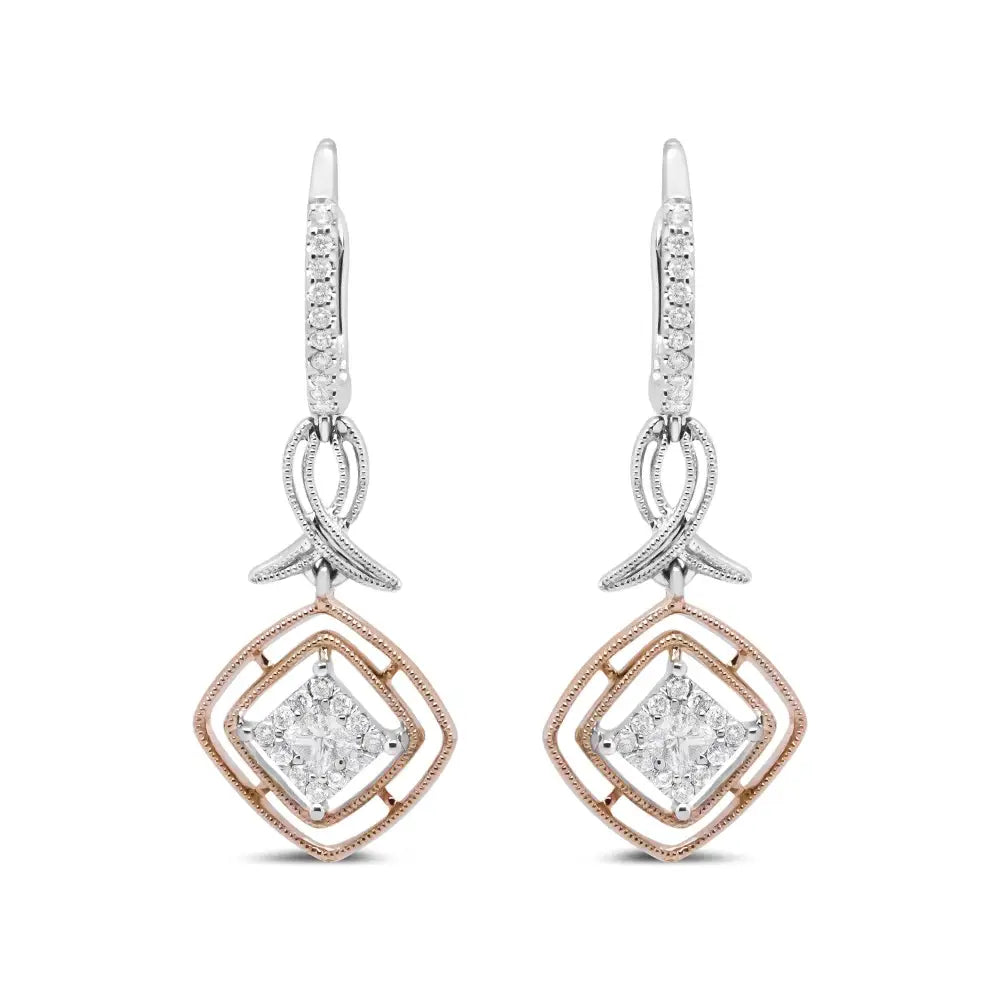 14k White and Rose Gold 1/2 Cttw Round Princess-cut Diamond Openwork Marquise Ribbon Dangle Earring (g-h Color Si2-i1