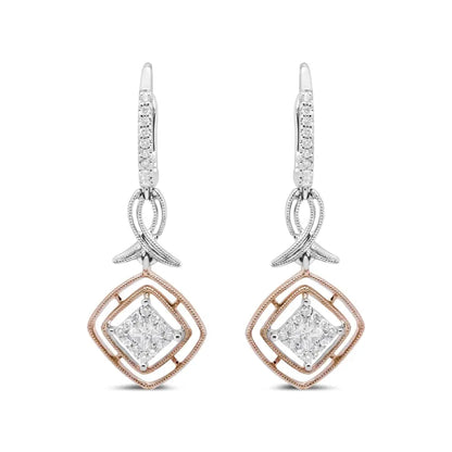 14k White and Rose Gold 1/2 Cttw Round Princess-cut Diamond Openwork Marquise Ribbon Dangle Earring (g-h Color Si2-i1