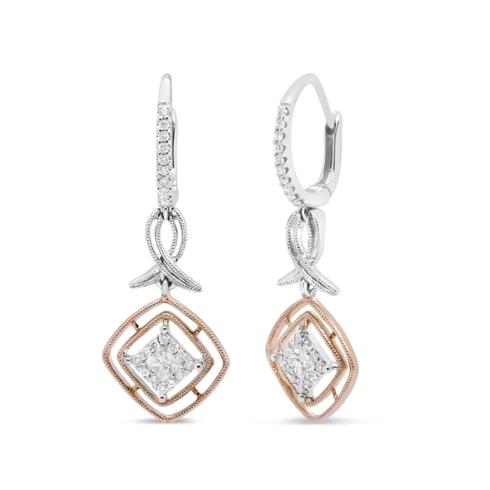 14k White and Rose Gold 1/2 Cttw Round Princess-cut Diamond Openwork Marquise Ribbon Dangle Earring (g-h Color Si2-i1