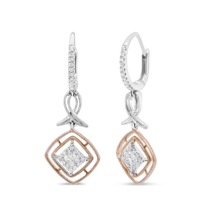 14k White and Rose Gold 1/2 Cttw Round Princess-cut Diamond Openwork Marquise Ribbon Dangle Earring (g-h Color Si2-i1