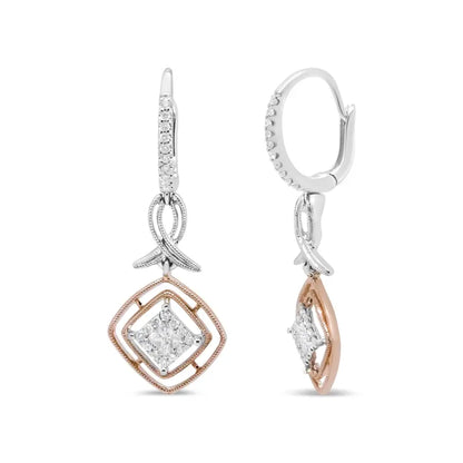 14k White and Rose Gold 1/2 Cttw Round Princess-cut Diamond Openwork Marquise Ribbon Dangle Earring (g-h Color Si2-i1