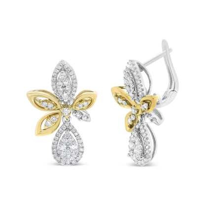 14k White and Yellow Gold 1.00 Cttw Round Pave-set Diamond Teardrop Marquise Shape Drop Dangle Earrings (h-i Color