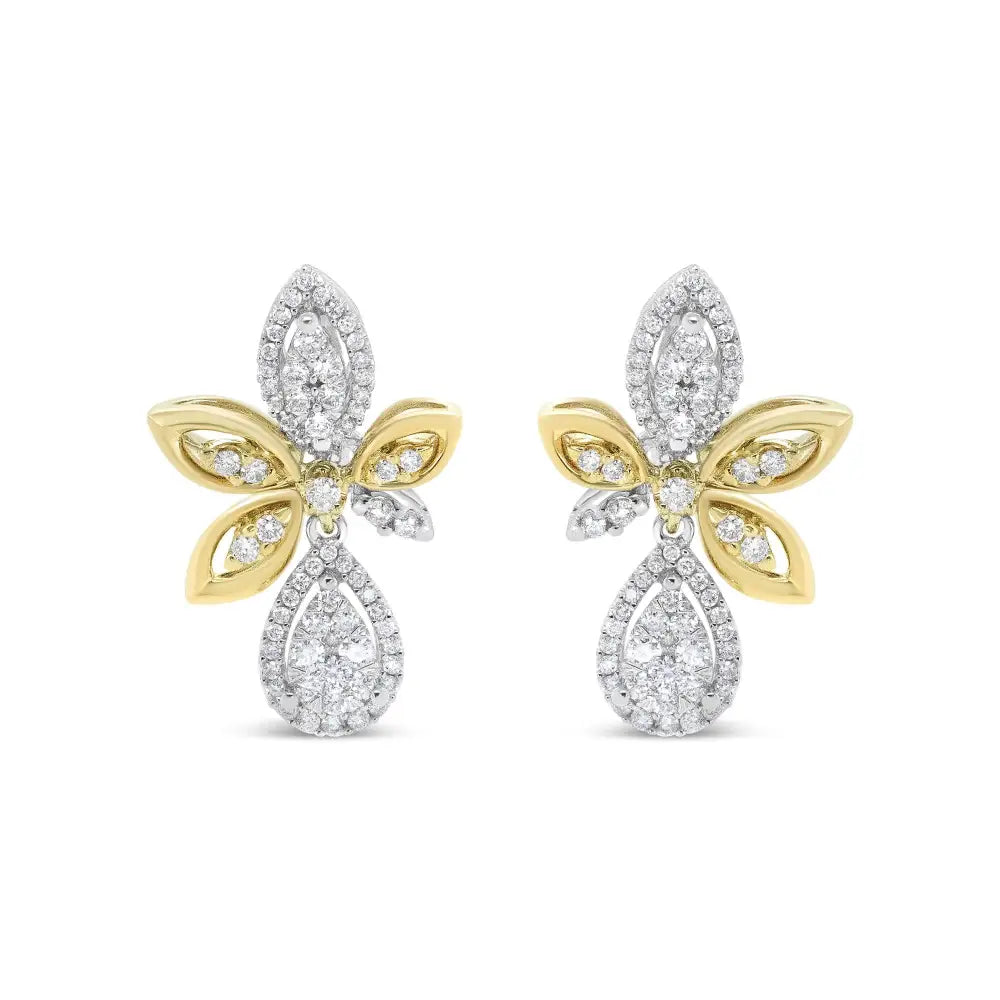 14k White and Yellow Gold 1.00 Cttw Round Pave-set Diamond Teardrop Marquise Shape Drop Dangle Earrings (h-i Color