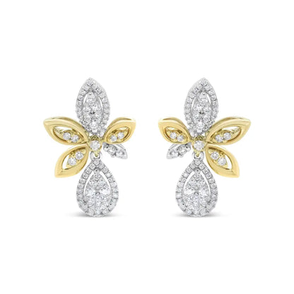 14k White and Yellow Gold 1.00 Cttw Round Pave-set Diamond Teardrop Marquise Shape Drop Dangle Earrings (h-i Color