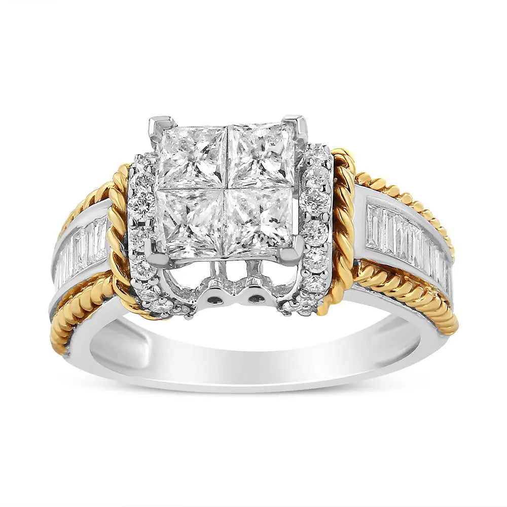 14k White and Yellow Gold 1 1/2 Cttw Invisible Set Princess-cut Diamond Quad Style Engagement Ring (h-i Color Si2-i1