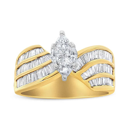 14k White and Yellow Gold 1 1/4 Cttw Pie Baguette-cut Diamond Marquise Shape Engagement Bypass Ring (h-i Color Vs1-vs2