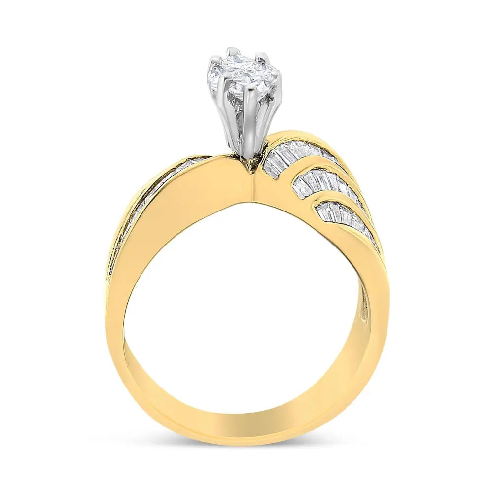 14k White and Yellow Gold 1 1/4 Cttw Pie Baguette-cut Diamond Marquise Shape Engagement Bypass Ring (h-i Color Vs1-vs2