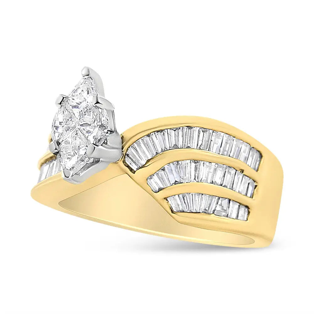 14k White and Yellow Gold 1 1/4 Cttw Pie Baguette-cut Diamond Marquise Shape Engagement Bypass Ring (h-i Color Vs1-vs2