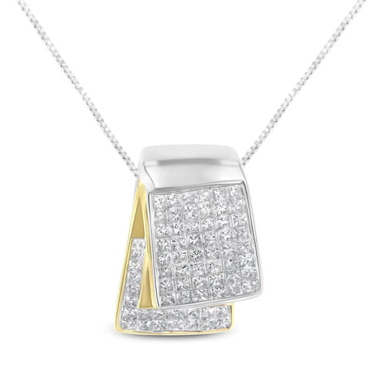 14k White and Yellow Gold 2.0 Cttw Princess Cut Diamond Two Tone Foldover Box Pendant 18” Chain Necklace (h-i Color