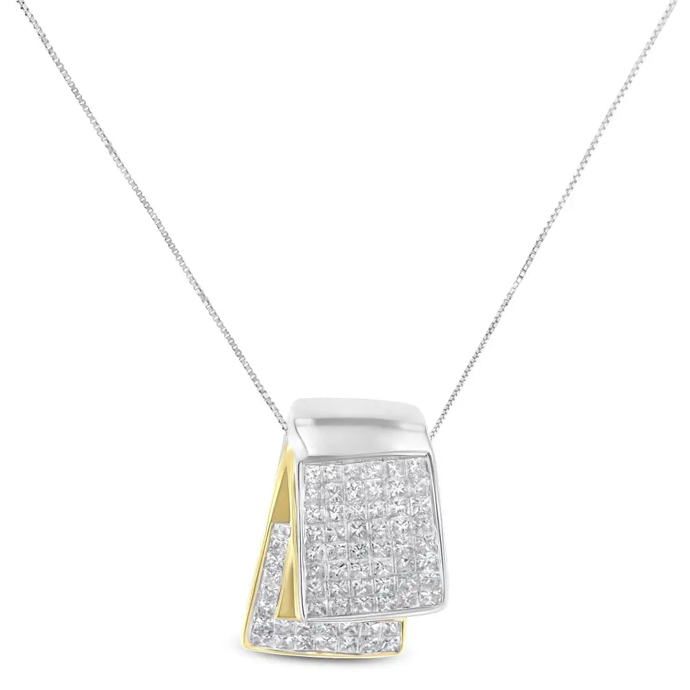 14k White and Yellow Gold 2.0 Cttw Princess Cut Diamond Two Tone Foldover Box Pendant 18” Chain Necklace (h-i Color