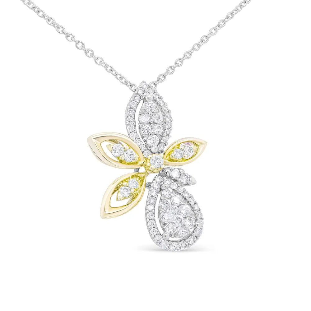 14k White and Yellow Gold 5/8 Cttw Round Diamond Marquise Floral Style 18’’ Pendant Necklace (h-i Color I1-i2