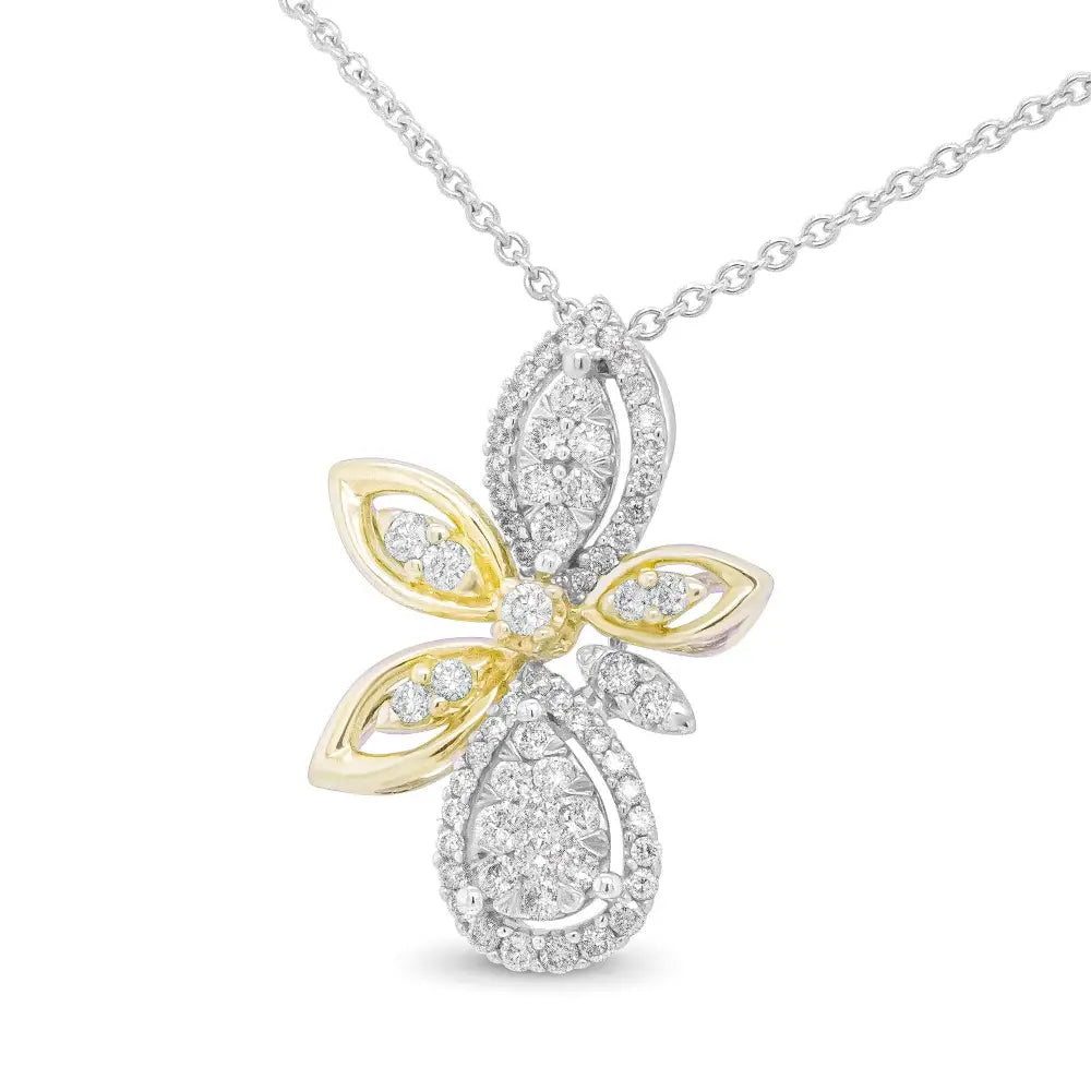 14k White and Yellow Gold 5/8 Cttw Round Diamond Marquise Floral Style 18’’ Pendant Necklace (h-i Color I1-i2