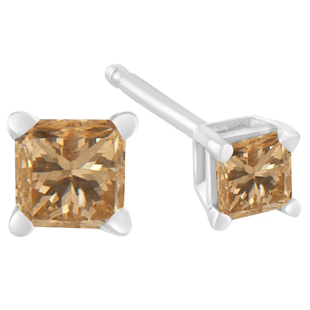 14k White Gold 0.40 Cttw Princess-cut Square Champagne Diamond Stud Earrings (natural Color I2-i3 Clarity) - Fine