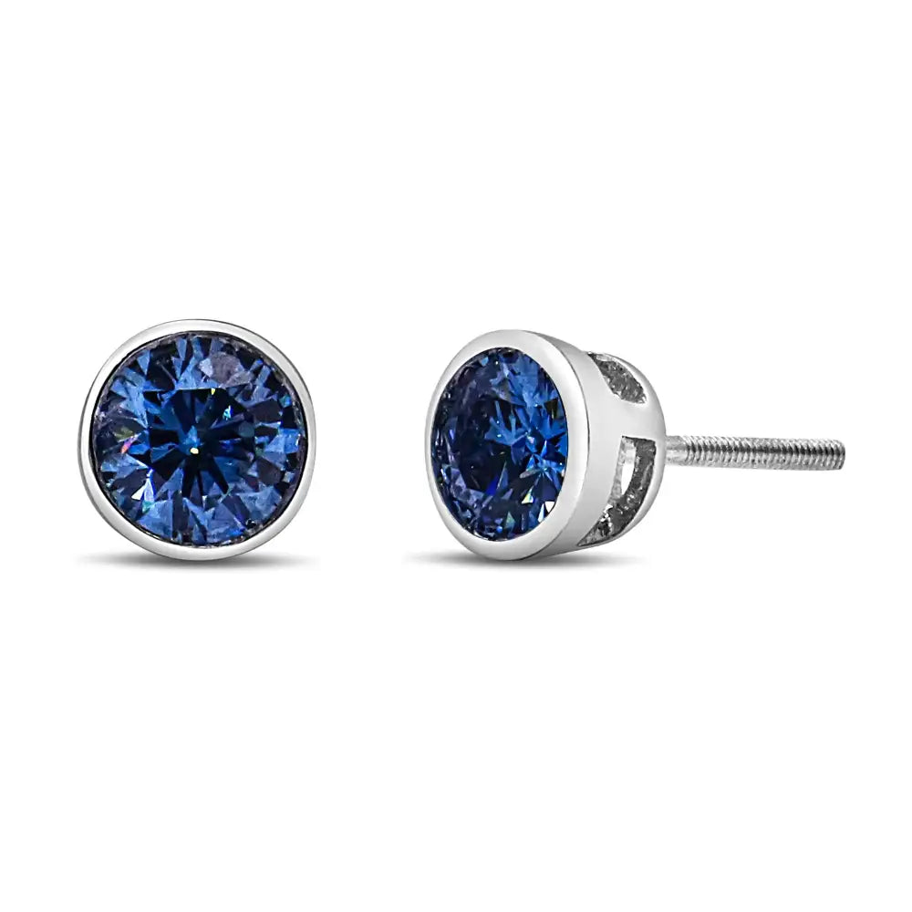 14k White Gold 1.0 Cttw Blue Lab Grown Diamond Screw-back Classic Bezel Solitaire Stud Earrings (blue Color Vs2-si1