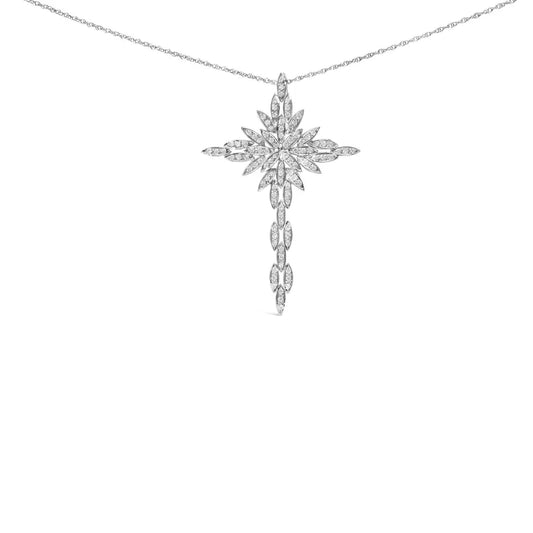 14k White Gold 1.0 Cttw Cocktail Cluster Cross 18’’ Pendant Necklace (h-i Color Si1-si2 Clarity) - Fine Jewelry