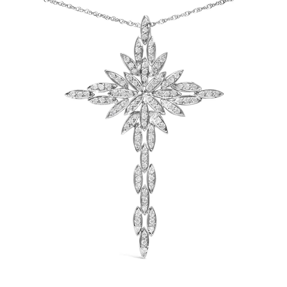 14k White Gold 1.0 Cttw Cocktail Cluster Cross 18’’ Pendant Necklace (h-i Color Si1-si2 Clarity) - Fine Jewelry