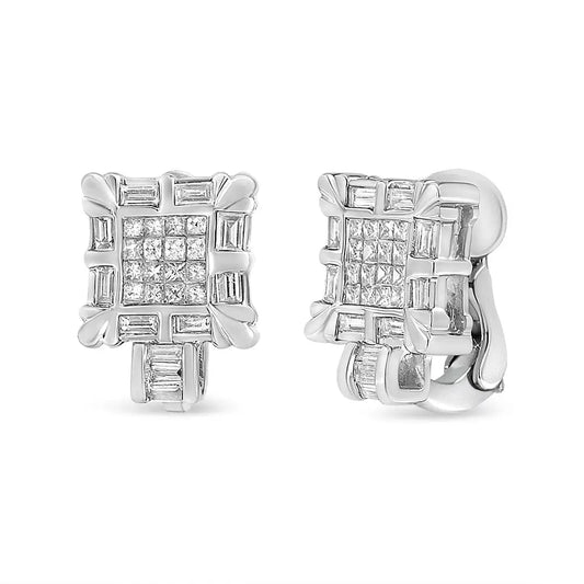 14k White Gold 1.0 Cttw Princess and Baguette-cut Diamond Square Framed Huggie Hoop Omega Earrings (h-i Color Si1-si2