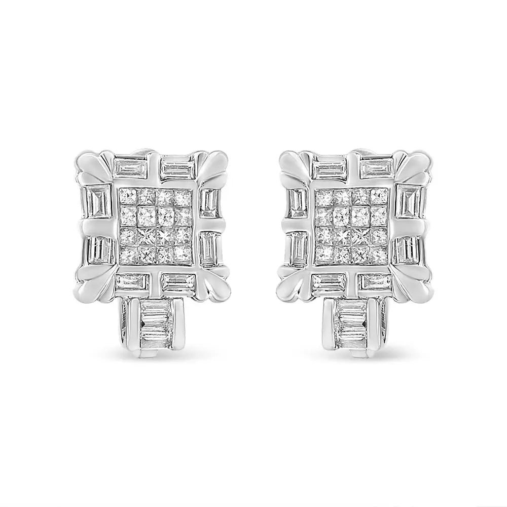 14k White Gold 1.0 Cttw Princess and Baguette-cut Diamond Square Framed Huggie Hoop Omega Earrings (h-i Color Si1-si2