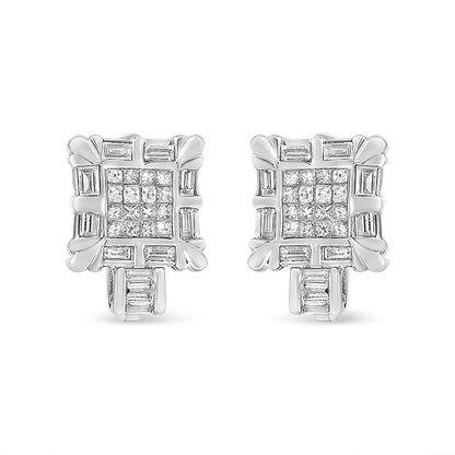 14k White Gold 1.0 Cttw Princess and Baguette-cut Diamond Square Framed Huggie Hoop Omega Earrings (h-i Color Si1-si2