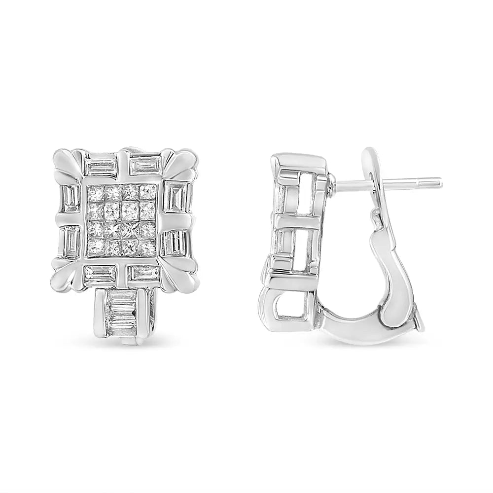 14k White Gold 1.0 Cttw Princess and Baguette-cut Diamond Square Framed Huggie Hoop Omega Earrings (h-i Color Si1-si2