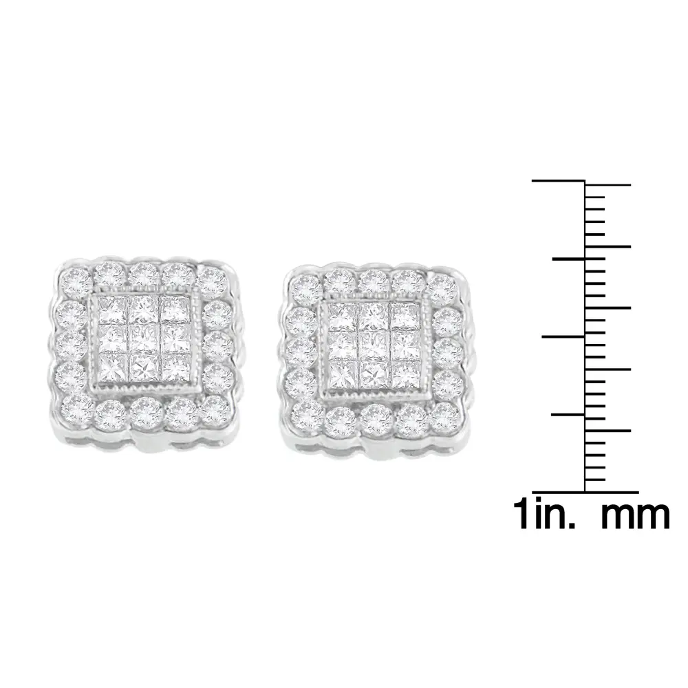 14k White Gold 1.0 Cttw Round Brilliant & Princess Cut Diamond Scallop-edge Framed Square Halo Stud Earrings (g-h Color