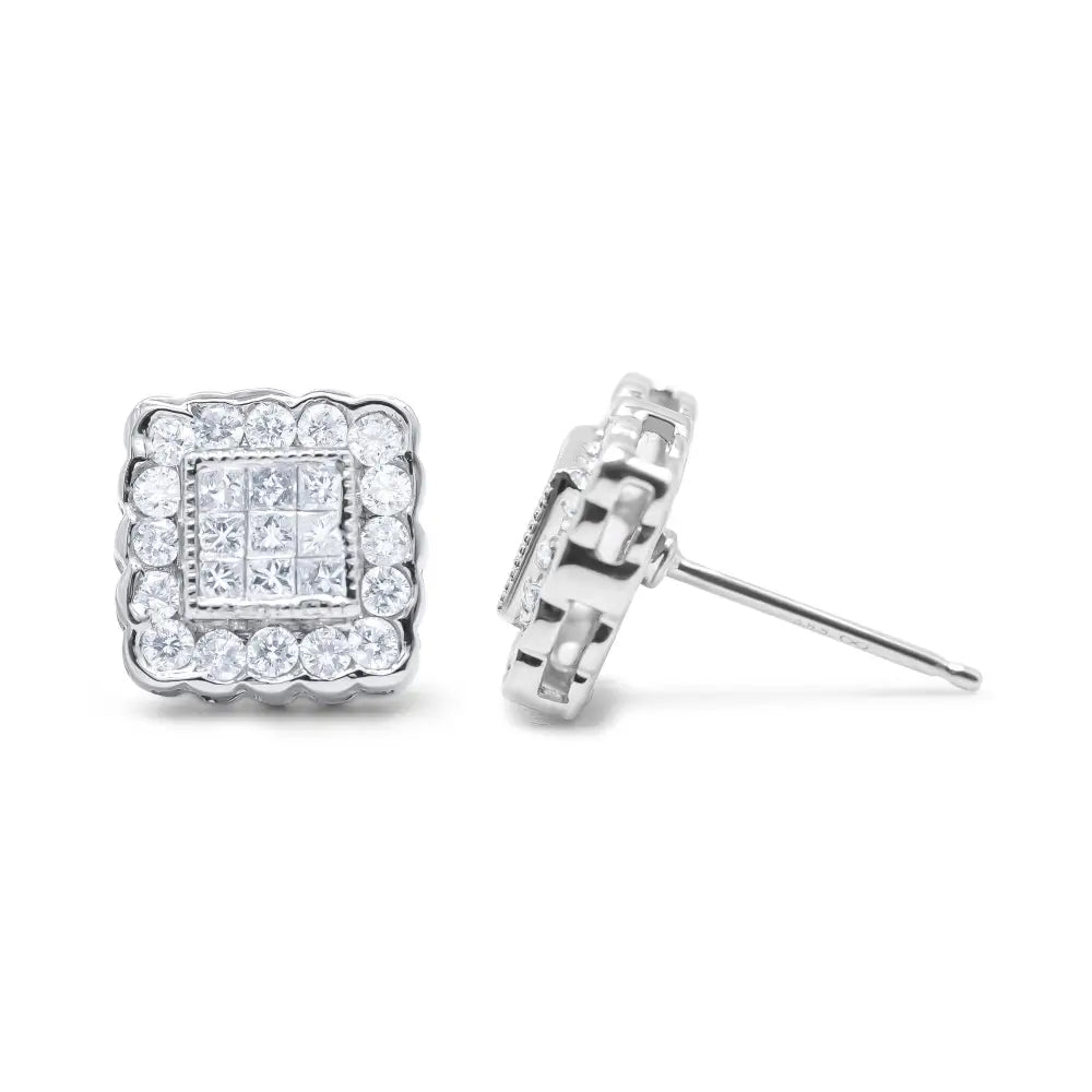 14k White Gold 1.0 Cttw Round Brilliant & Princess Cut Diamond Scallop-edge Framed Square Halo Stud Earrings (g-h Color