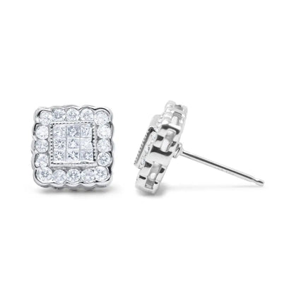 14k White Gold 1.0 Cttw Round Brilliant & Princess Cut Diamond Scallop-edge Framed Square Halo Stud Earrings (g-h Color