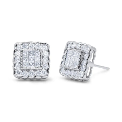 14k White Gold 1.0 Cttw Round Brilliant & Princess Cut Diamond Scallop-edge Framed Square Halo Stud Earrings (g-h Color