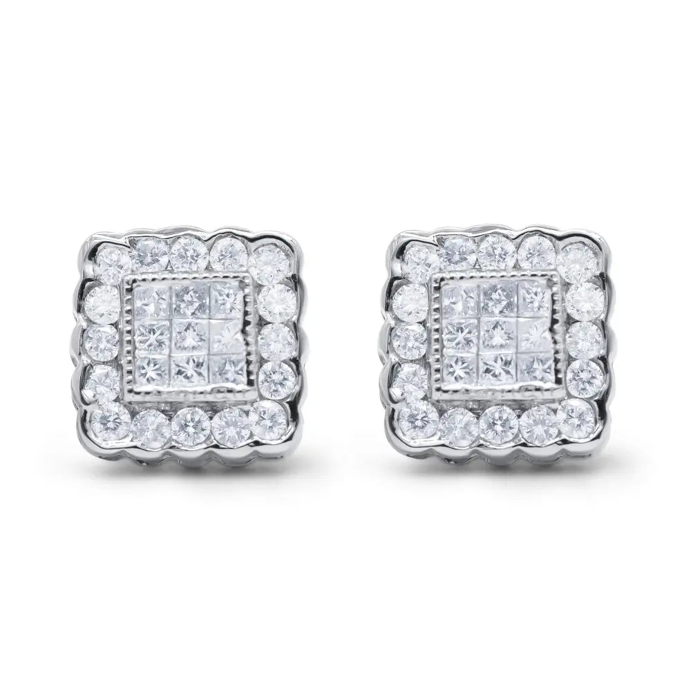 14k White Gold 1.0 Cttw Round Brilliant & Princess Cut Diamond Scallop-edge Framed Square Halo Stud Earrings (g-h Color