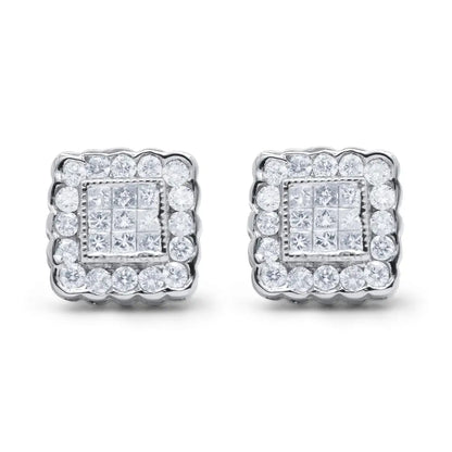 14k White Gold 1.0 Cttw Round Brilliant & Princess Cut Diamond Scallop-edge Framed Square Halo Stud Earrings (g-h Color