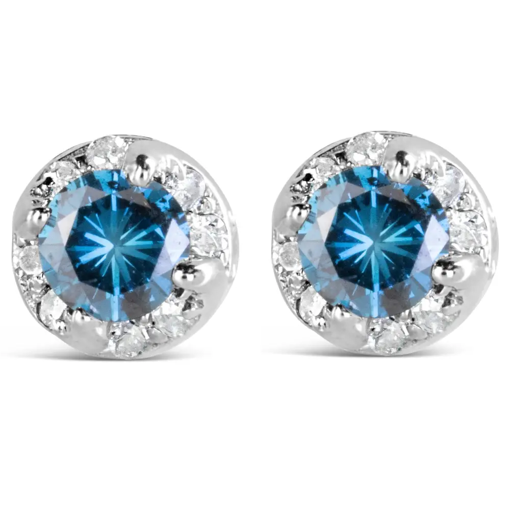 14k White Gold 1.00 Cttw Treated Blue and Diamond Hidden Halo Stud Earrings (blue/i-j Color I2-i3 Clarity) - Fine