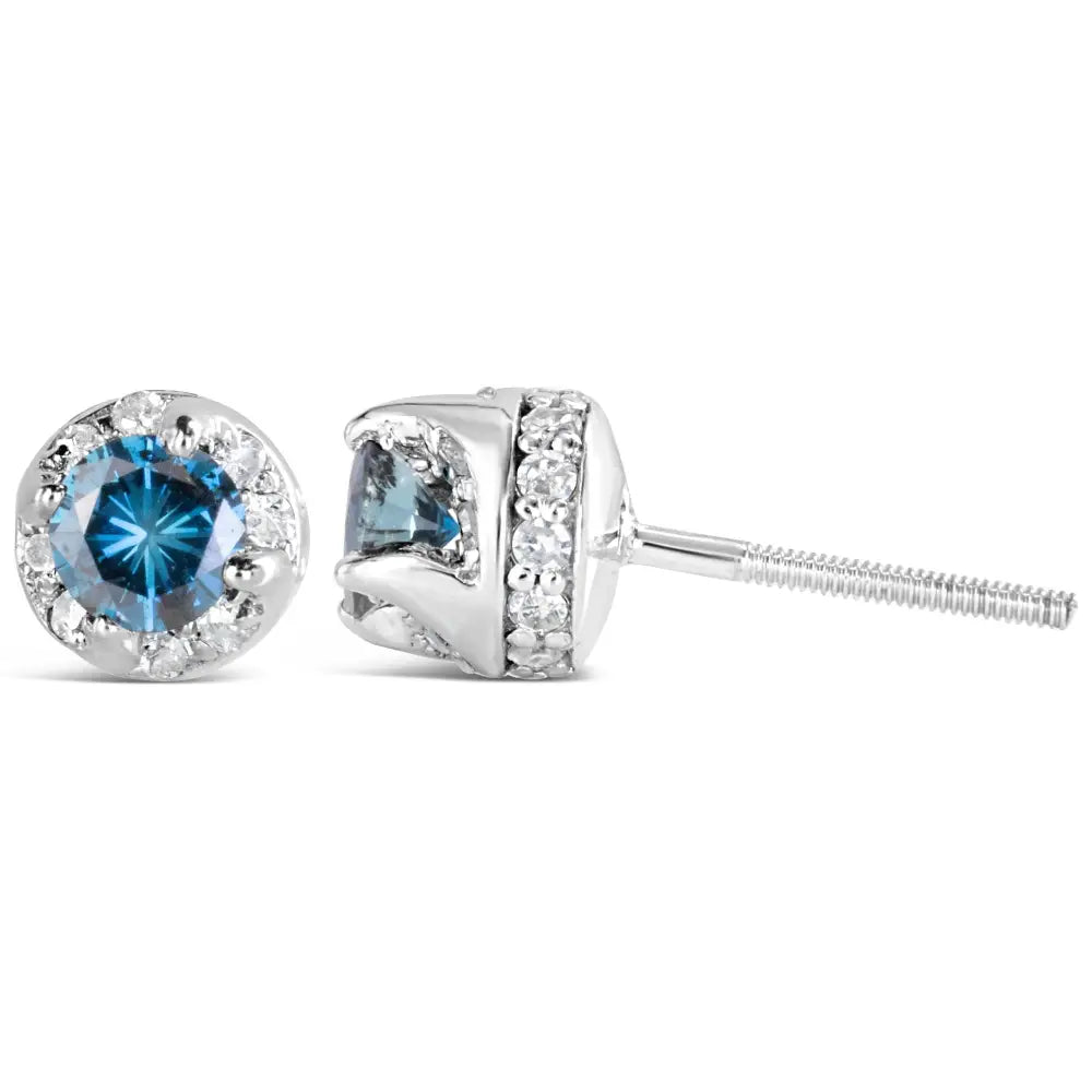 14k White Gold 1.00 Cttw Treated Blue and Diamond Hidden Halo Stud Earrings (blue/i-j Color I2-i3 Clarity) - Fine