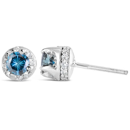 14k White Gold 1.00 Cttw Treated Blue and Diamond Hidden Halo Stud Earrings (blue/i-j Color I2-i3 Clarity) - Fine