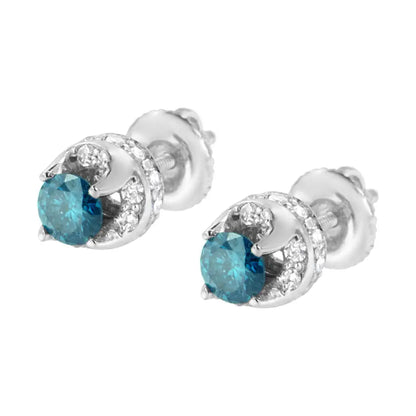 14k White Gold 1.00 Cttw Treated Blue and Diamond Hidden Halo Stud Earrings (blue/i-j Color I2-i3 Clarity) - Fine