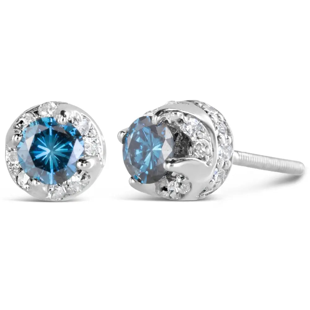 14k White Gold 1.00 Cttw Treated Blue and Diamond Hidden Halo Stud Earrings (blue/i-j Color I2-i3 Clarity) - Fine