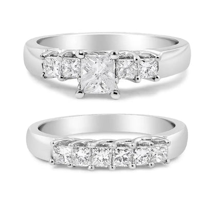 14k White Gold 1 1/2 Cttw 5 Stone Princess Diamond Engagement Wedding Ring Set (h-i Color Si2-i1 Clarity) - Fine